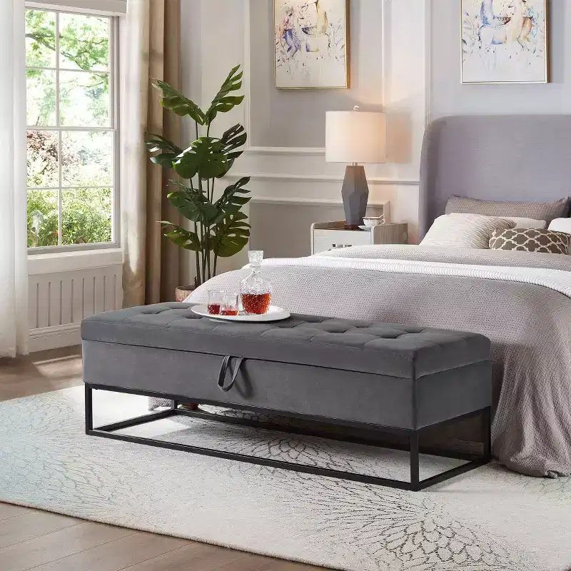 Metal Base Storage Velvet Bench for Bedroom, Living Room & Hallway - Gray