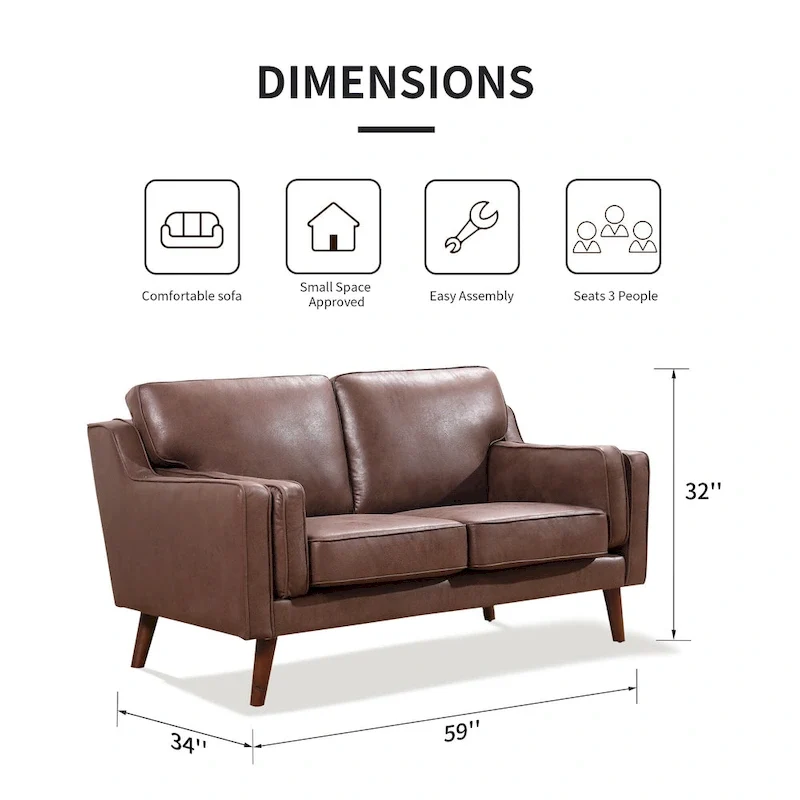 Mid-Century Leather Sofa Loveseat with 5.9 Upholstered Cushion