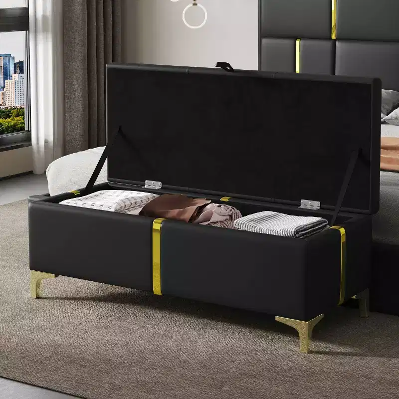 Upholstered Storage Ottoman Bench with Metal Legs – Black, 47