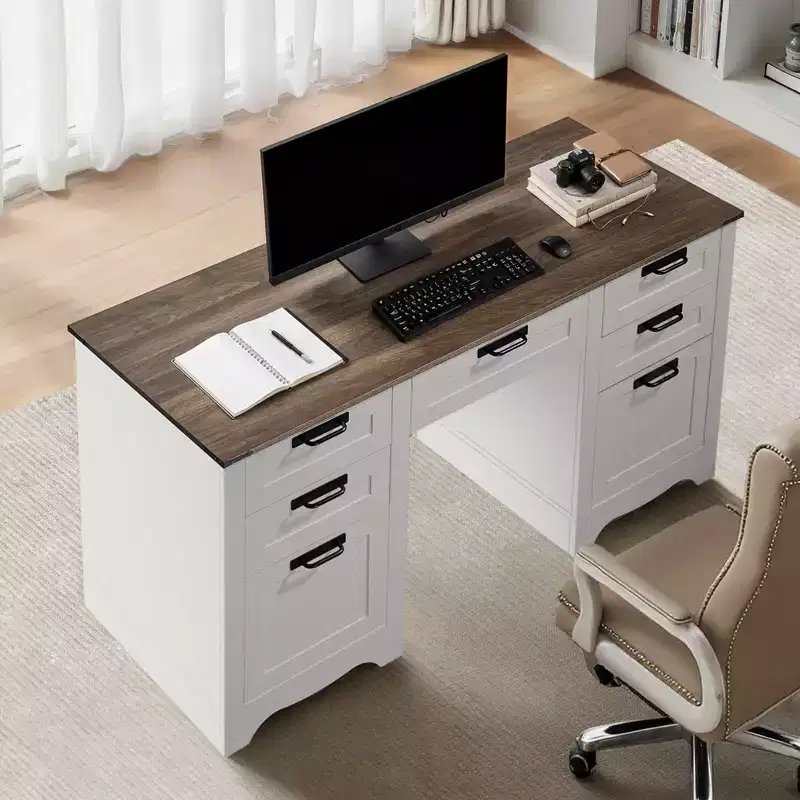 Executive Desk, Farmhouse Office Table with Charging Station, Particle Board Executive Table with Storage Drawers, 200 LBS Load Capacity, Brown