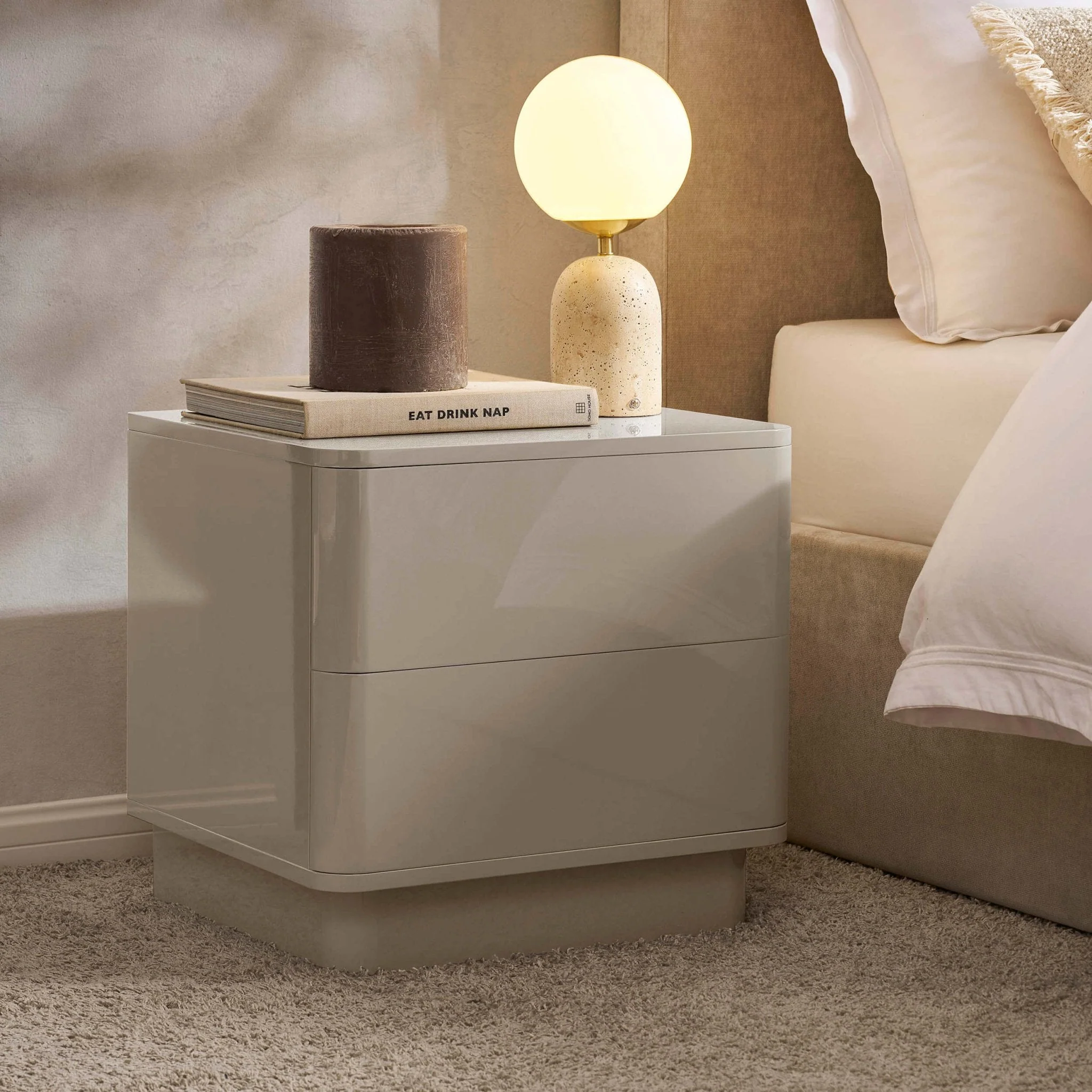 High Gloss 2 Drawer Bedside Table - Taupe