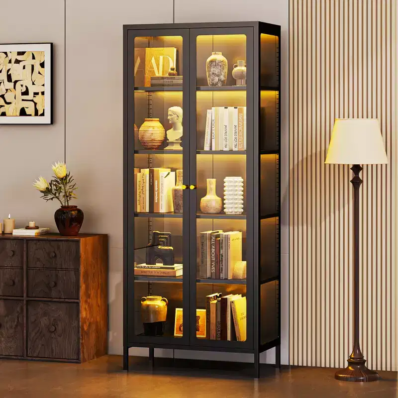 Bekrvio 67H 3-Side Glass Display Cabinet With LED Lights,5-Layer Storage with Double Doors and Metal Frame for Collectibles, Ideal for Small Spaces