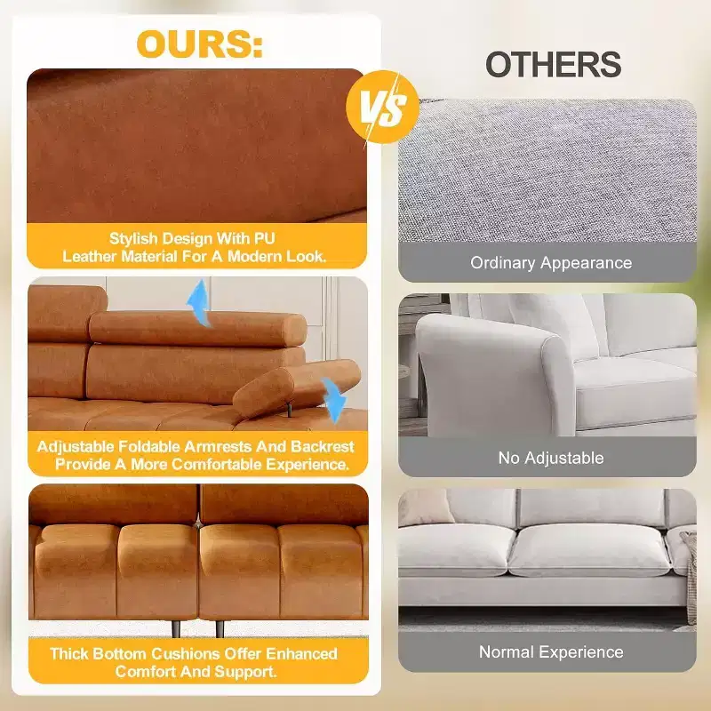 3-Seater Faux Leather Futon Sofa Bed, Convertible Sleeper Couch with Adjustable Backrests Armrests Headrests, with Split Two Separate Sectional Sofas