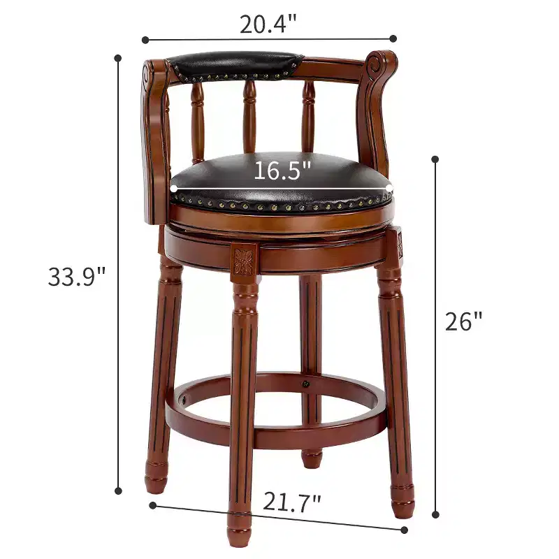 Seat Height 26'' Swivel Leather Wooden Bar Stools, 360 Degree Swivel Bar Height Chair with Backs