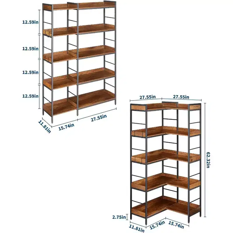 5 Tier Reversible Corner Bookshelf, 65in Industrial Bookcase with 4 Hooks, Open Shelves & Metal Frame for Living Room Bedroom Office, Rustic Brown