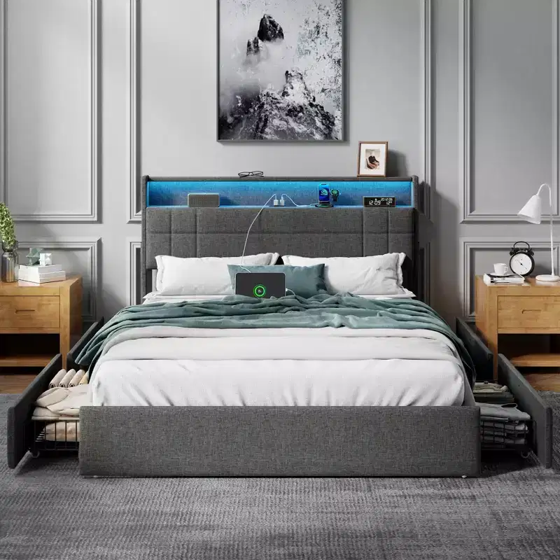 Modern Queen Bed Frame with Charging Station LED Lights 4 Storage Drawers Gray Upholstered Headboard Metal Slats No Box Spring Needed