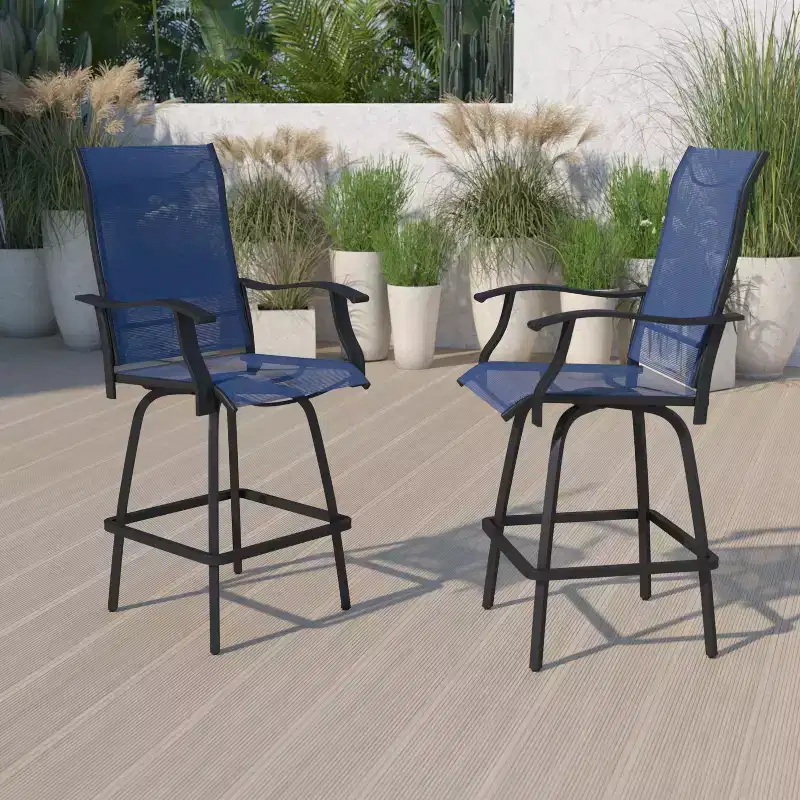 Flash Furniture Valerie Patio Bar Height Stools Set of 2, All-Weather Textilene Swivel Patio Stools and Deck Chairs with High Back & Armrests
