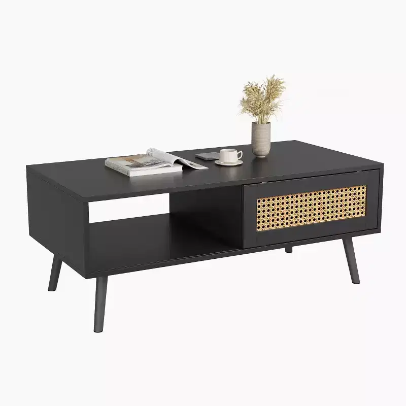 Wood Coffee Table with Storage - Boho Center Sofa Table with Sliding Door and Open Shelf for Living Room, Bedroom, Easy Assembly
