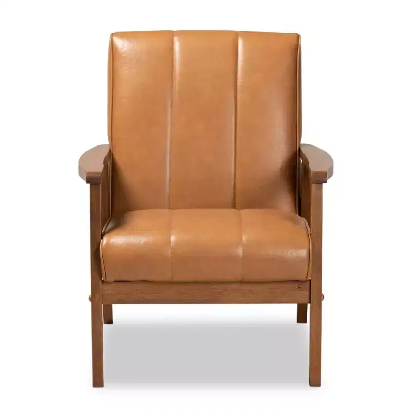 Mid-Century Faux Leather Upholstered Wood Lounge Chair Walnut/Brown Armless, Rubberwood Frame, Classic Pattern