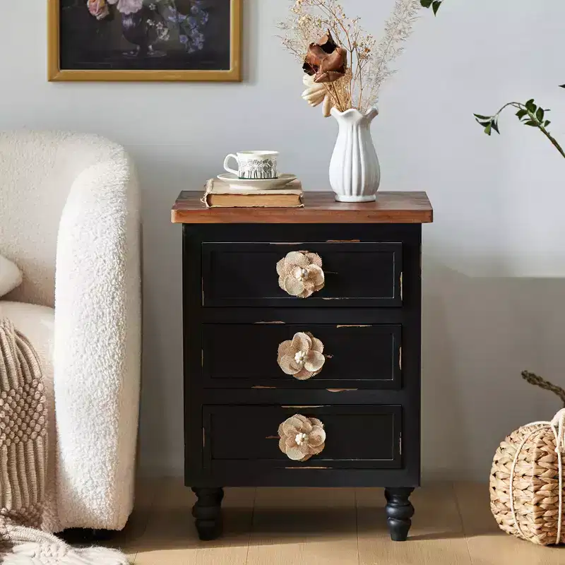 ModernLuxe Nightstand with 3 Drawers & Floral Knobs, Vintage Farmhouse End Table Bedside or Sofa Accent Table