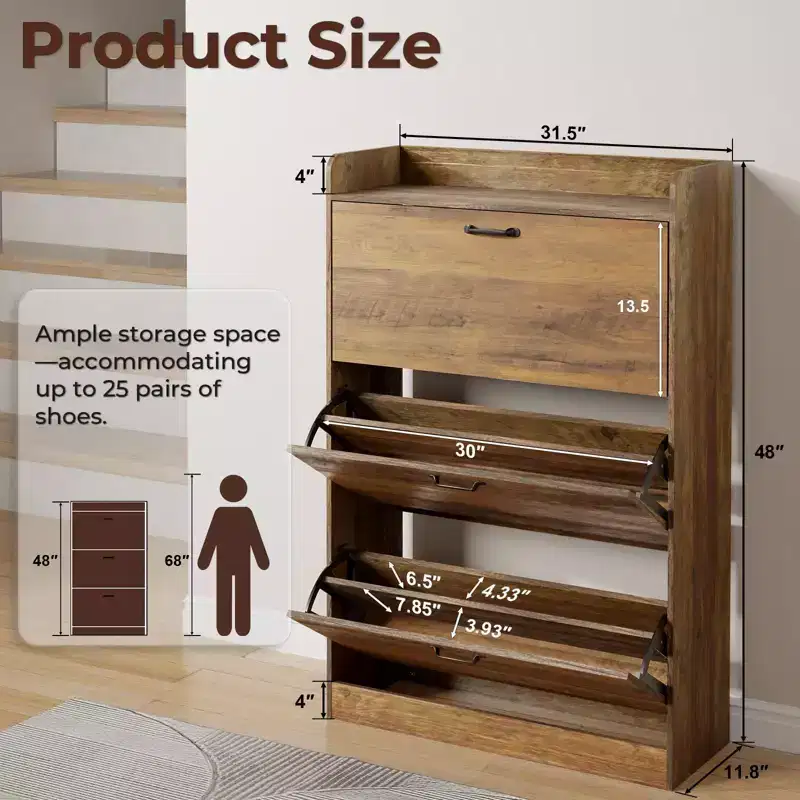 GARPROVM Farmhouse Wood Shoe Cabinet with 3 Flip Doors & Removable Shelves Entryway Shoe Storage
