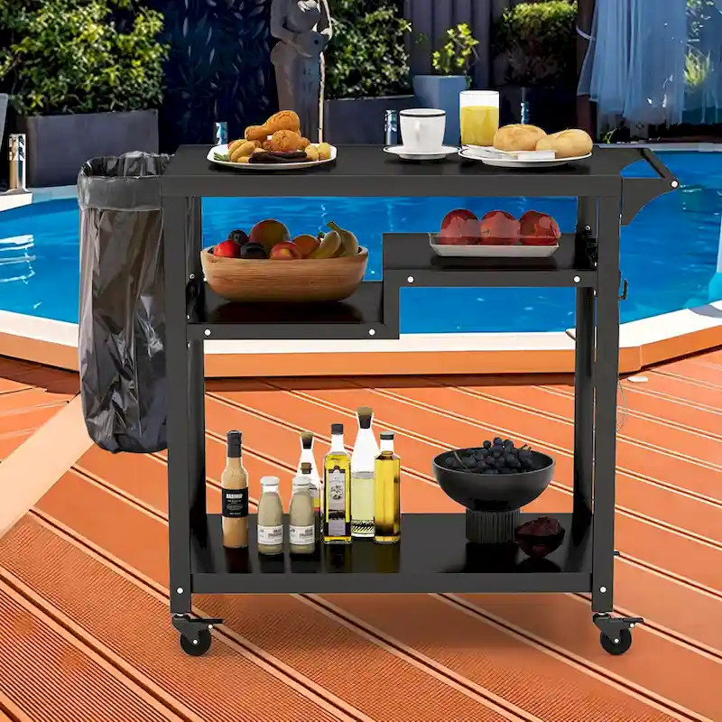 Costway Rolling Grill Cart 3-Shelf BBQ Table Pizza Oven Stand with - See Details