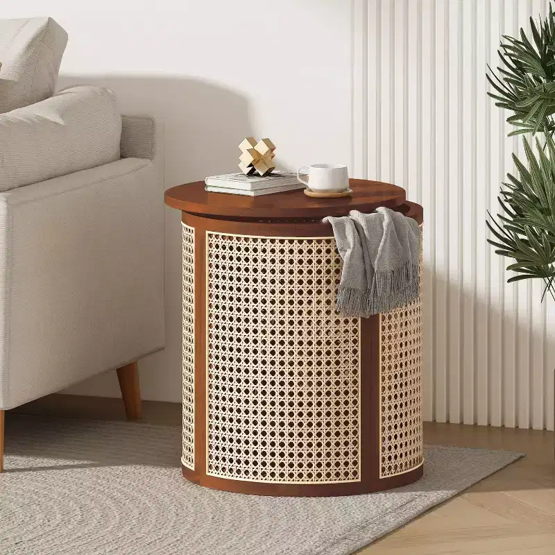 MAYEERTY 1 Pack Rattan Round Side Table with Storage, Boho End Table for Living Room, Bedroom, Modern Home Decor