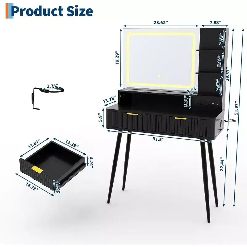 Makeup Vanity Desk with Lighted Mirror, 31.5 LED Makeup Vanity with 2 Drawers, 3 Color Lighting Modes, Fluted Dressing Table with Charging Station