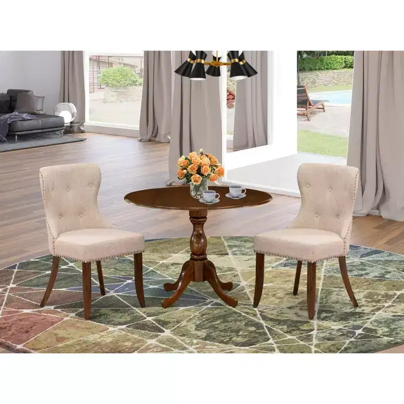 HomeStock Round Dinette Set Small Spaces Fabric Chairs Antique Walnut