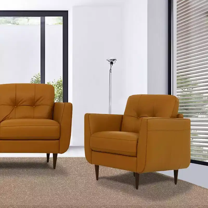 Camel Leather Accent Chair, Button-Tufted, Single Seat