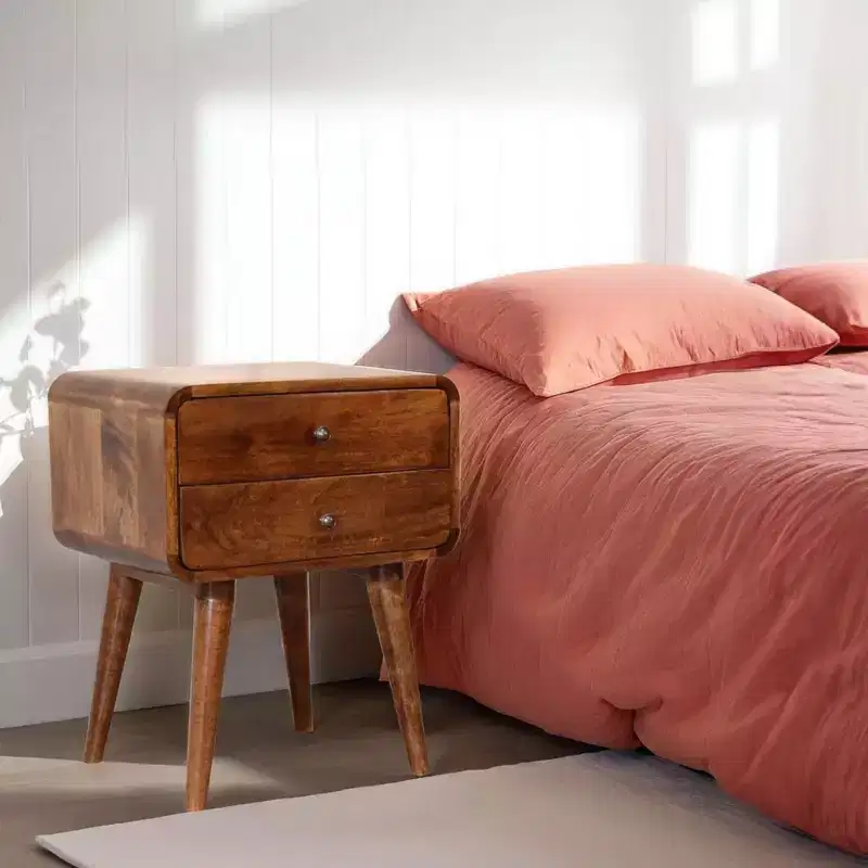GDFStudio Hornby Modern Mango Wood Curved Nightstand with 2 Drawers
