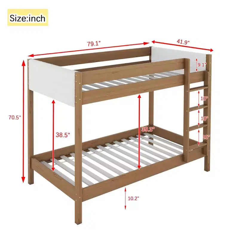 Modern Rubberwood Twin Over Twin Bunk Bed with Boucle Upholstered Headboard & Footboard