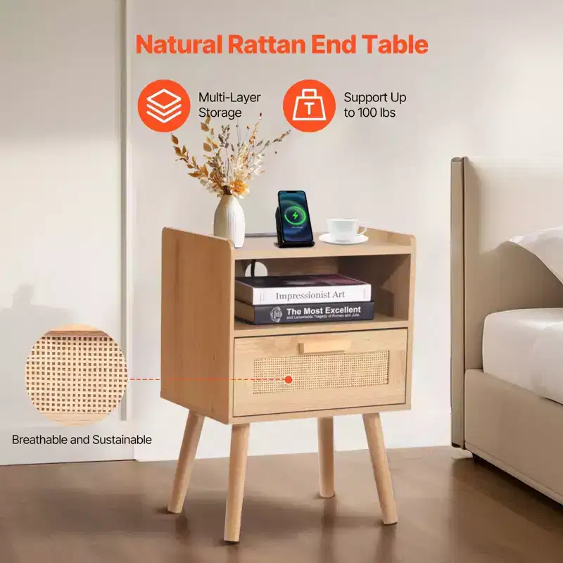 Rattan Nightstand End Table with Drawer and Open Shelf Boho Bedside Table