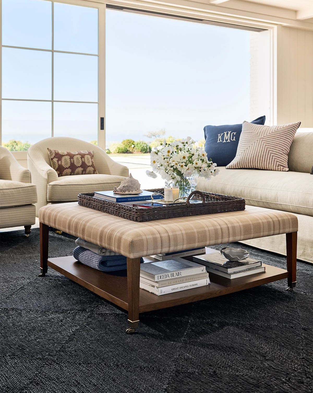 Traditional Upholstered Coffee Table Ottoman with Tufted Top & Wood Frame for Living Room