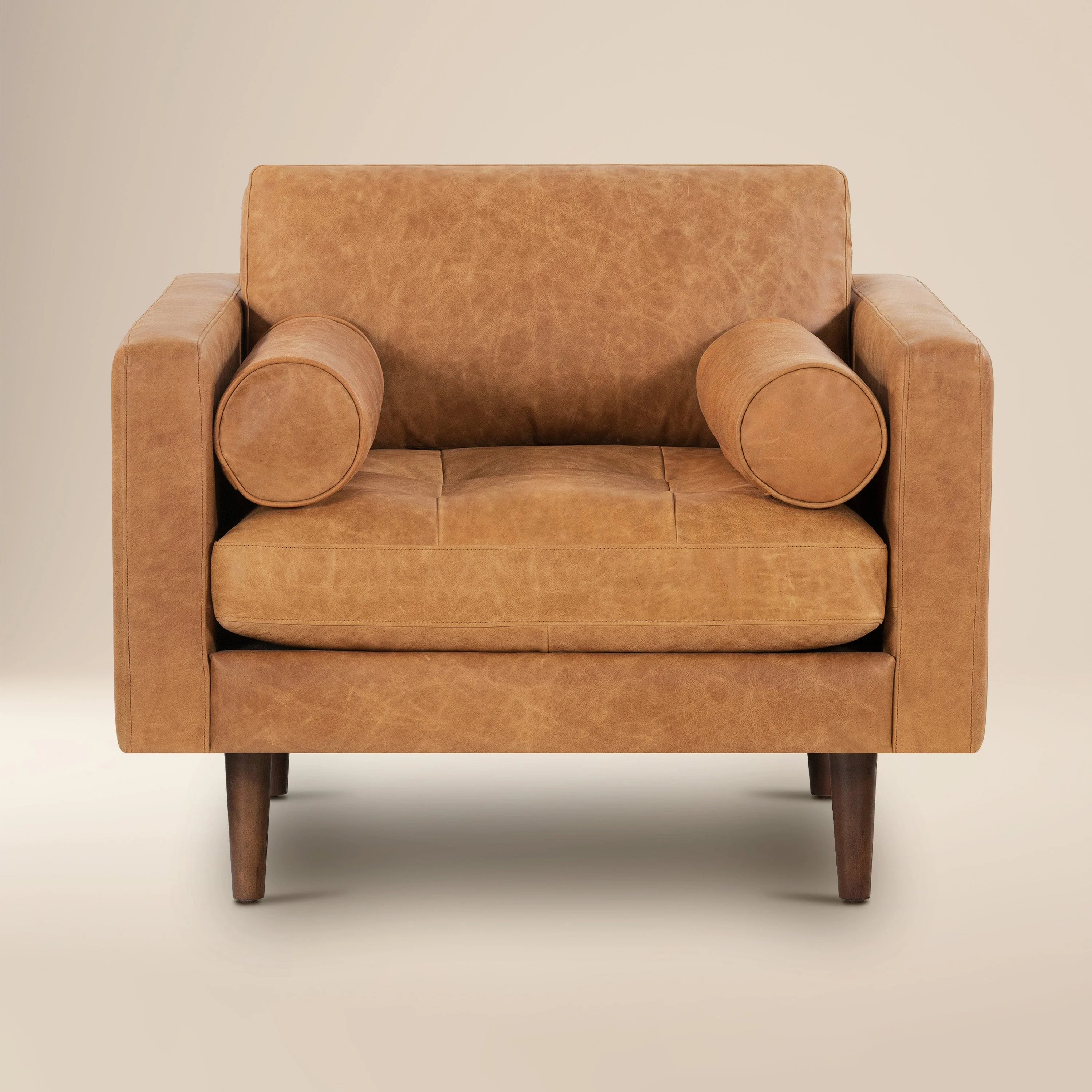 Modern Cognac Tan Leather Lounge Chair with Kiln-Dried Wood Frame