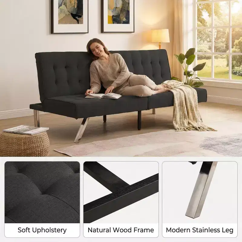 FurnitureR Fabric Convertible Futon Sofa Bed, Modern Adjustable Sleeper Couch with Tufted Cushion, Small Space Living Room Guest Bed Sofa