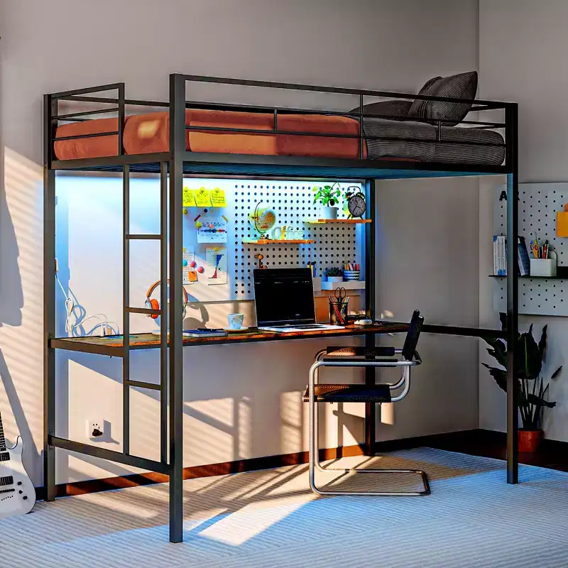 Twin Loft Bed with Desk, LED Lights, Charging Station, Twin Size Metal Loft Bed Frame with Safety Guardrail, Ladder, Noise Free, Black