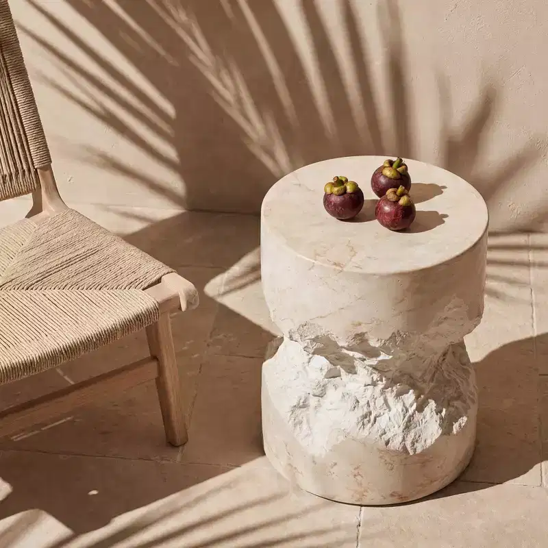 Handcrafted Faux Travertine White Side Table - 13.8 Round Concrete Top, 200lbs Capacity, Weather-Resistant, Indoor/Outdoor No-Assembly Use