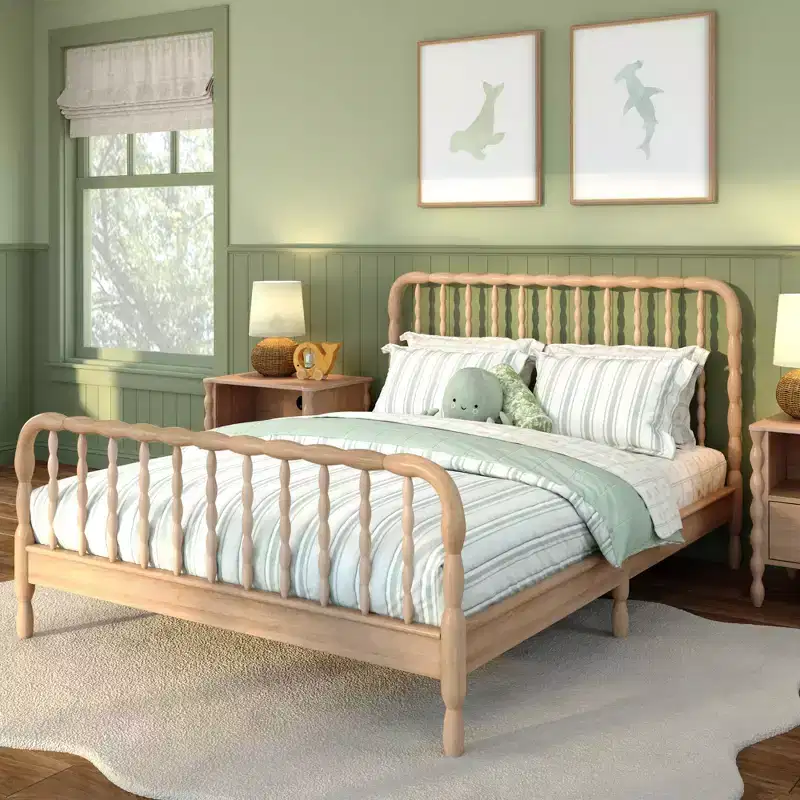 Spindle Queen Bed with Turned Wood Headboard, Solid Pine Wood, No Box Spring Needed