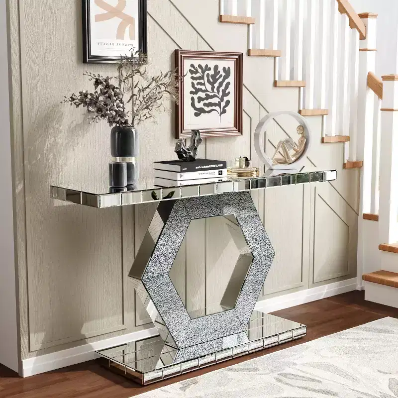 Glam Mirrored Entryway Console Table, Art Deco Hallway Table with Crystal Hexagon Base for Modern Foyer, Living Room or Behind Sofa - Panipeachy