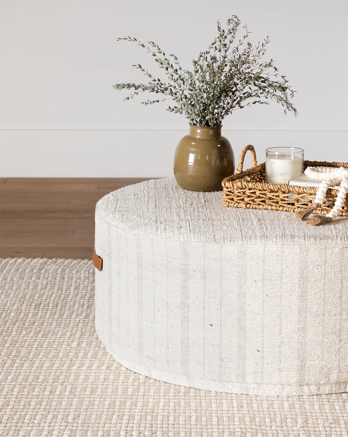 Classic Upholstered Round Ottoman with Plush Cushion for Living Room