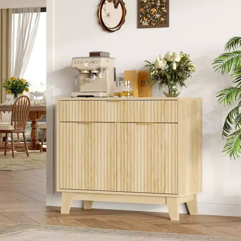 33 Sideboard Buffet Cabinet, Fluted Coffee Bar Cabinet with Gold Handles, Wooden Media Console Table, Accent Credenza for Living Room Kitchen Home