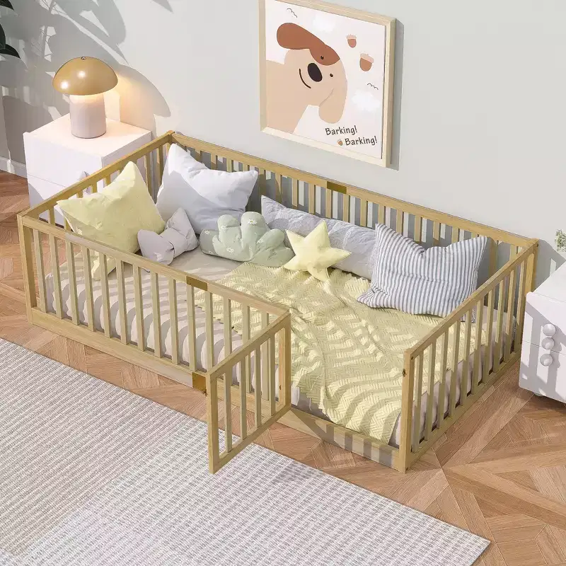 Rubber Wood Floor Bed with High Fence Guardrails and Door Includes 6 Slats