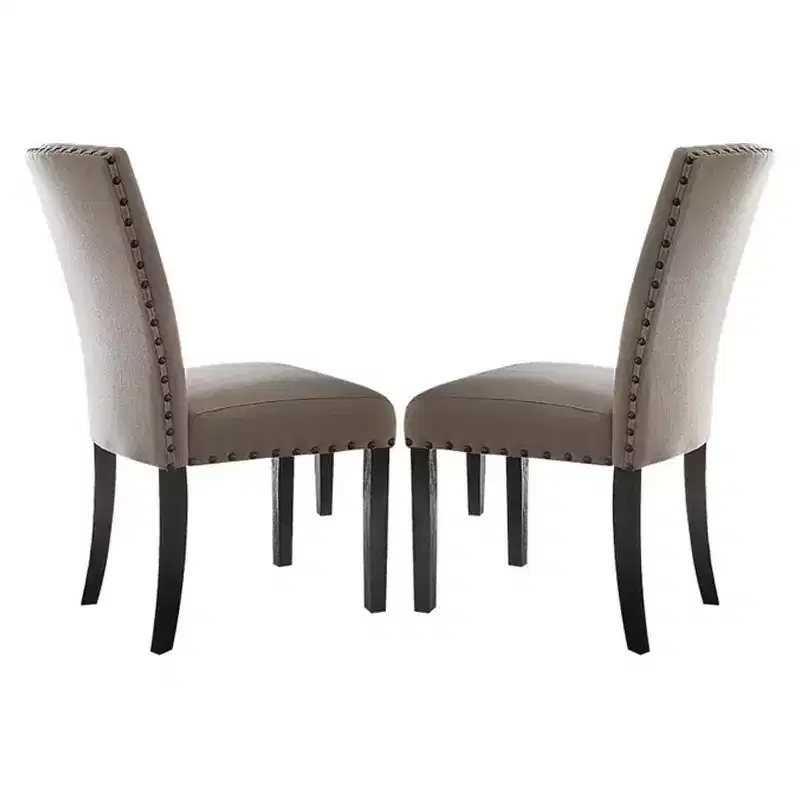 Royal Hamton Nailhead Trim Fabric Upholstered Wooden Side Chair, Set of 2, Beige and Brown