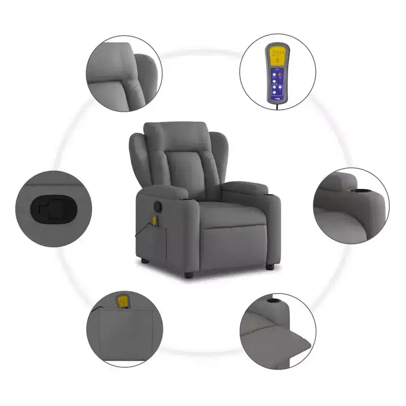 vidaXL Light Gray Fabric Recliner Chair - 6-Point Vibration Massage, Adjustable Backrest & Footrest