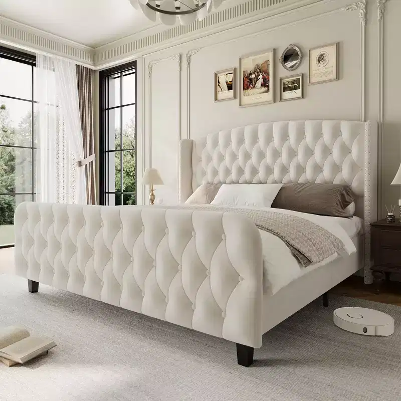 51 Tall Queen Size Bed Frame, Deep Button Tufted Wingback Headboard & Footboard, Velvet Upholstered Platform, No Box Spring Needed, Easy Assemble