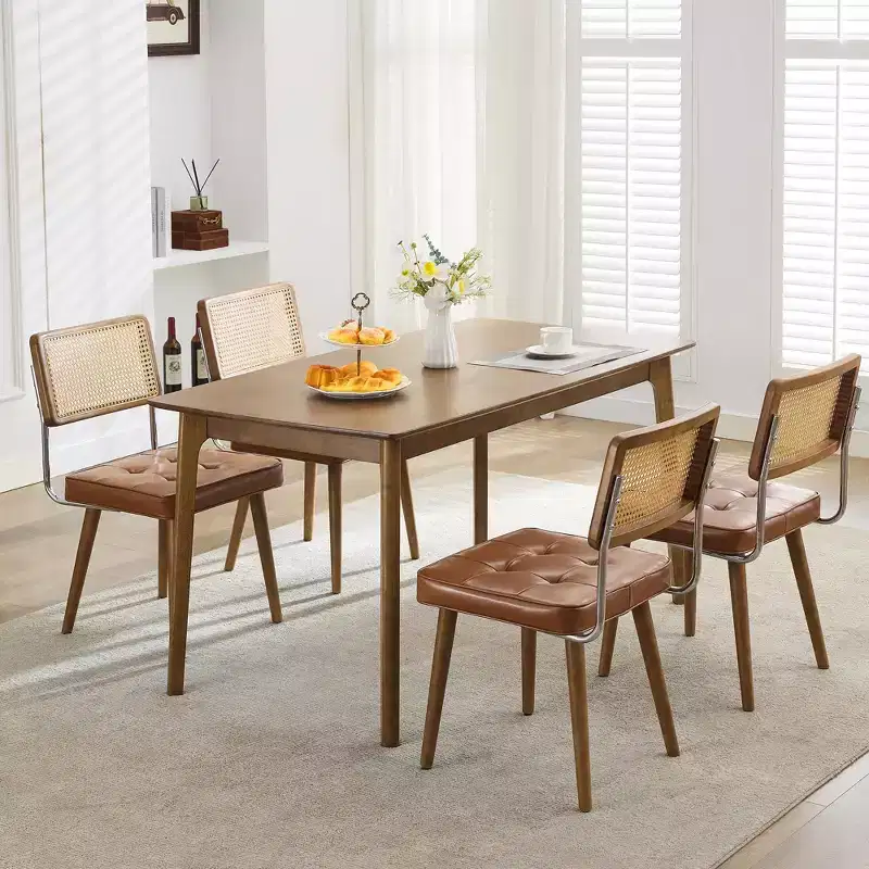 Modern Boho Rattan Dining Chairs Set of 4/6, Soft Upholstered Seat, Tall Cane Back, Sturdy Wooden Legs, for Kitchen, Dining Room, Restaurant