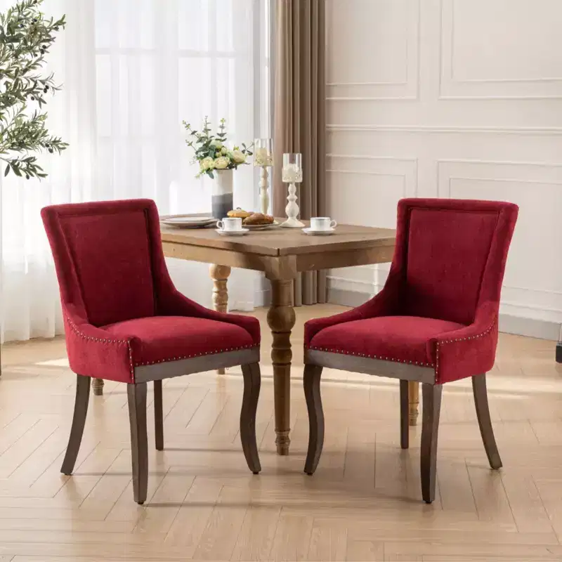 Okak Retro Dining Chairs Set of 2, Comfy Fabric Chairs with Thick Cushions, Kitchen Side Chairs with Solid Wood Legs Bronze Nail Head