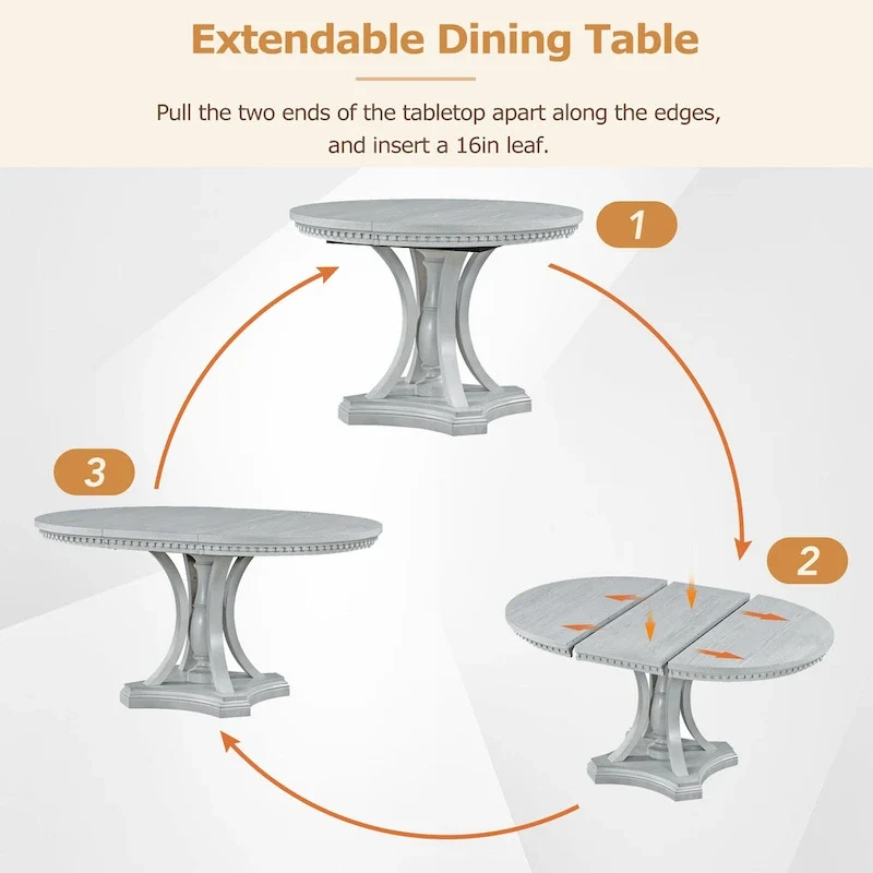 Antique Gray Retro 5-Piece Wooden Dining Table Set with Extendable Round Table & 4 Chairs