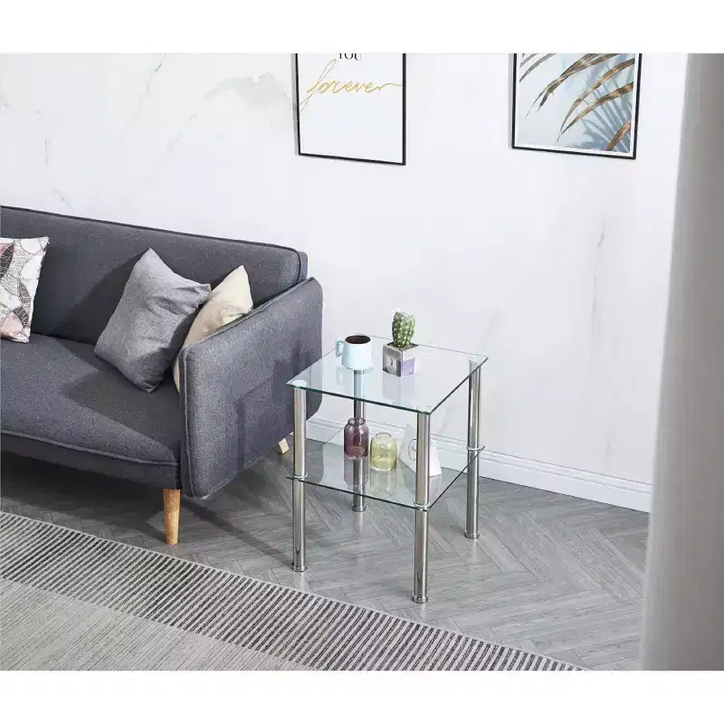 Set of 2 Clear Glass End Tables, 2-Tier Modern Nightstands with Storage Shelf for Living Room and Bedroom