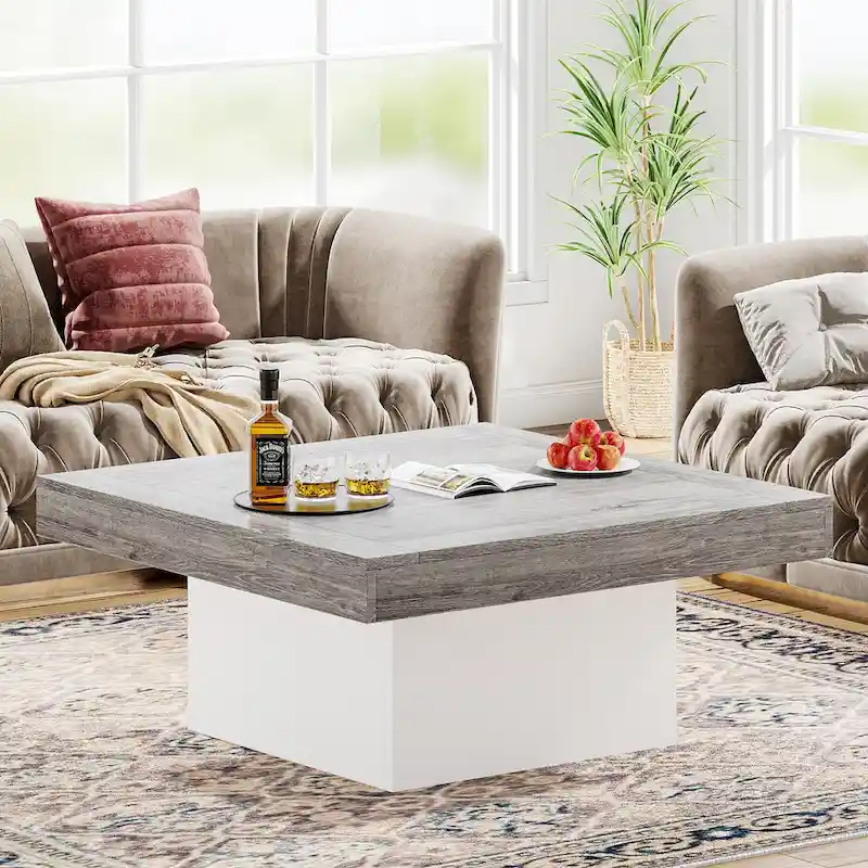 Farmhouse Coffee Table Square LED Coffee Table Engineered Wood Coffee Table