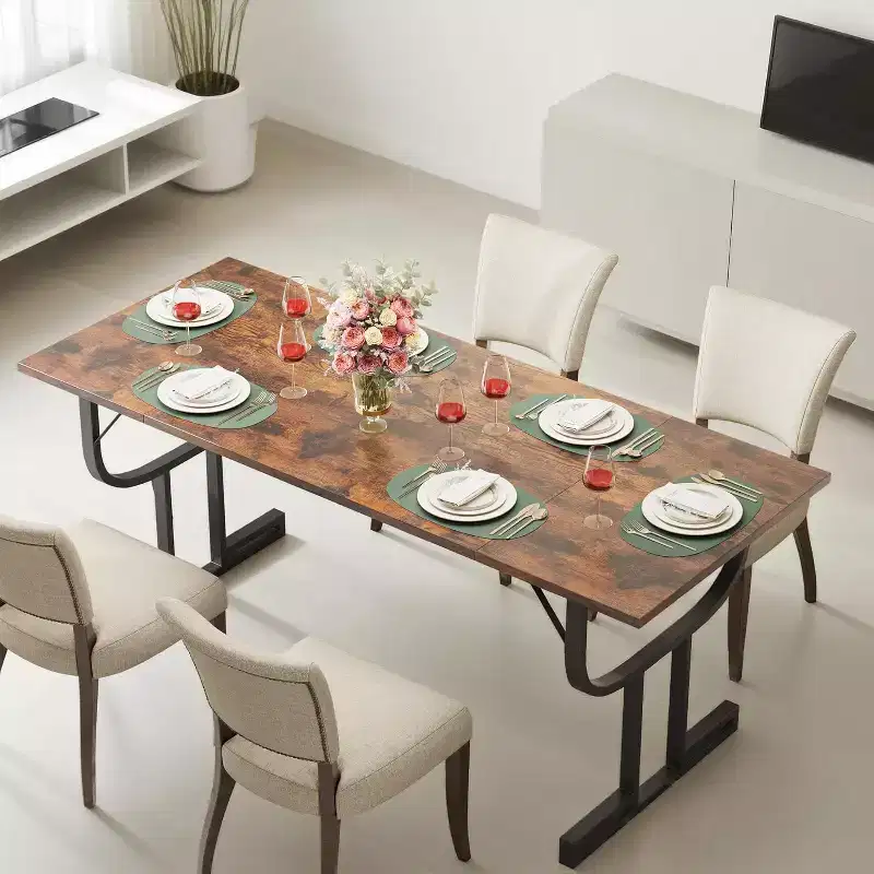 70.9in Rectangular Dining Table for 4-6 People, Heavy Metal Wine Glass Shaped Leg, Wear-Resistant Thickened Wooden Table Top For Kitchen Office Desk
