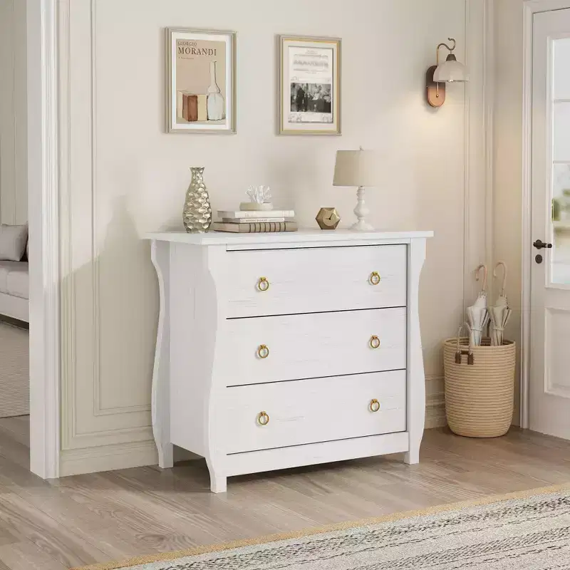 Wooden Modern 3 Drawer Dresser for Bedroom with Black Metal Ring Pull Handles for Living Room, Entryway, Hallway