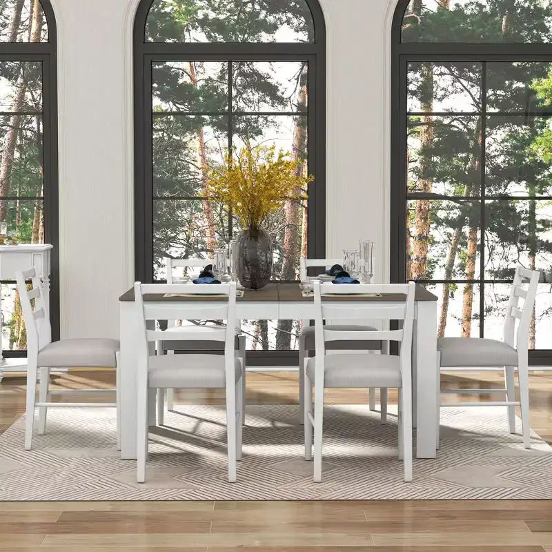 Whisen 7-Piece Wooden Dining Table Set Mutifunctional Extendable Table,12 Leaf and 2 Drawers, 6 Dining Chairs