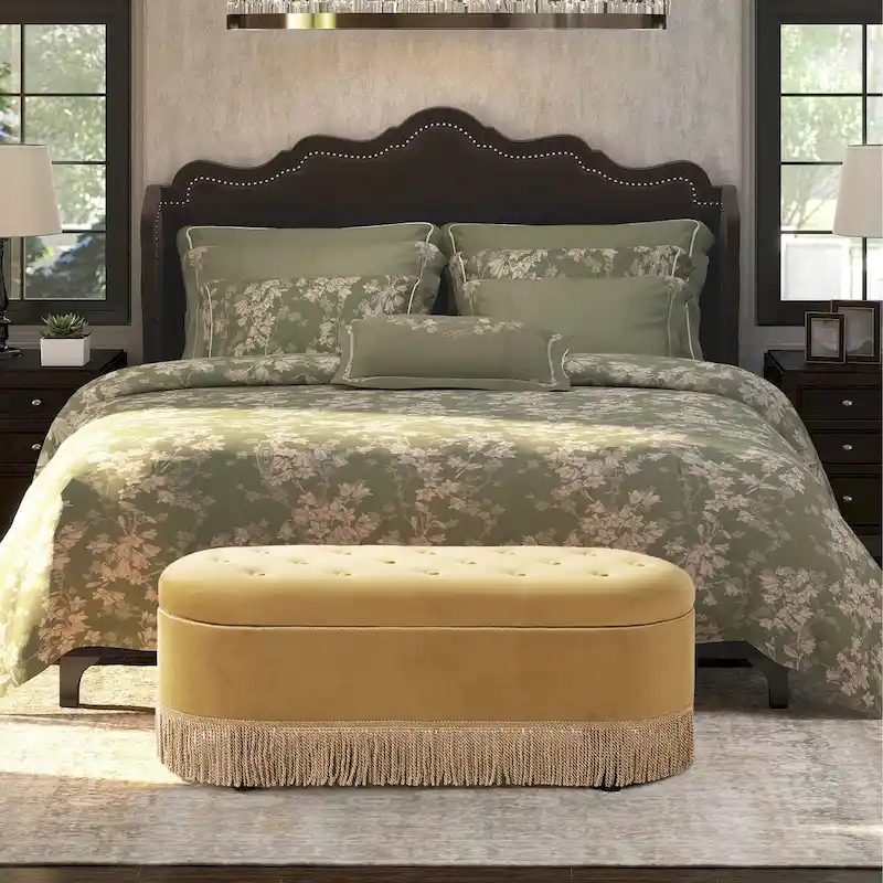 Melinda 48.5 Upholstered Tufted Oval Storage Bench with Bullion Fringe
