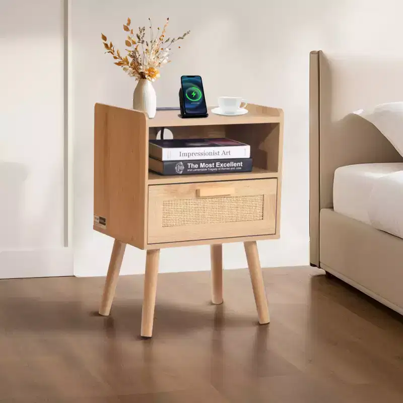 Rattan Nightstand, Boho Bedside Table with Drawer Open Shelf, Rattan End Table Wooden Nightstand with Solid Wood Legs, Natural
