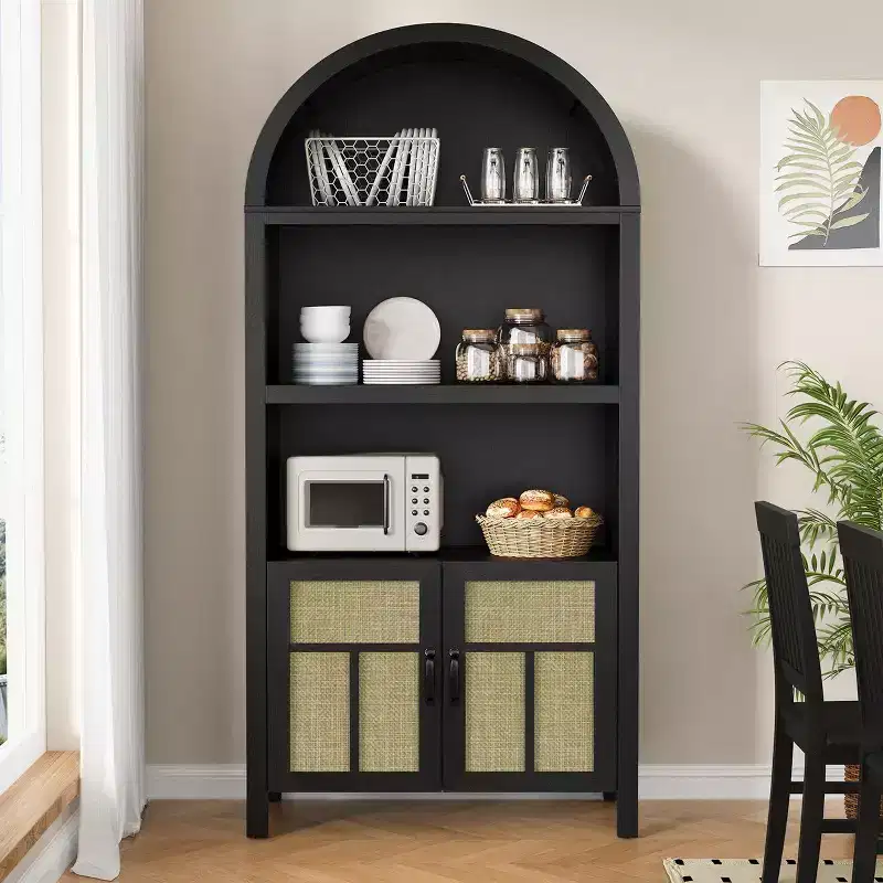70 Arched Rattan Storage Cabinet, Boho Sideboard with Adjustable Shelves, Tall Pantry Cabinet, Black