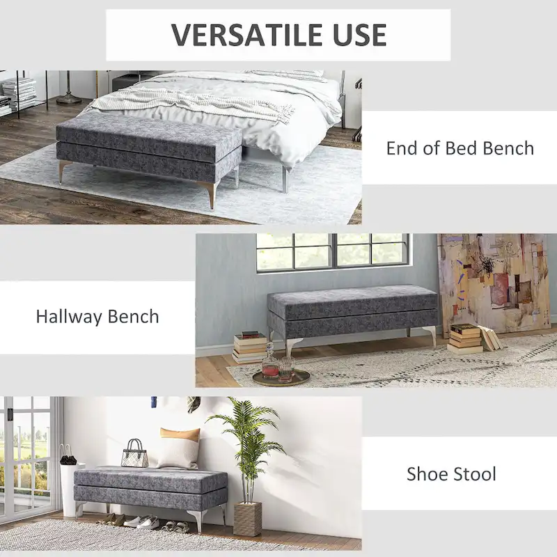 HOMCOM 48 End of Bed Bench, Upholstered Entryway Bench with Double Layer Seat Cushions and Steel Legs, Bedroom Bench, Dark Gray