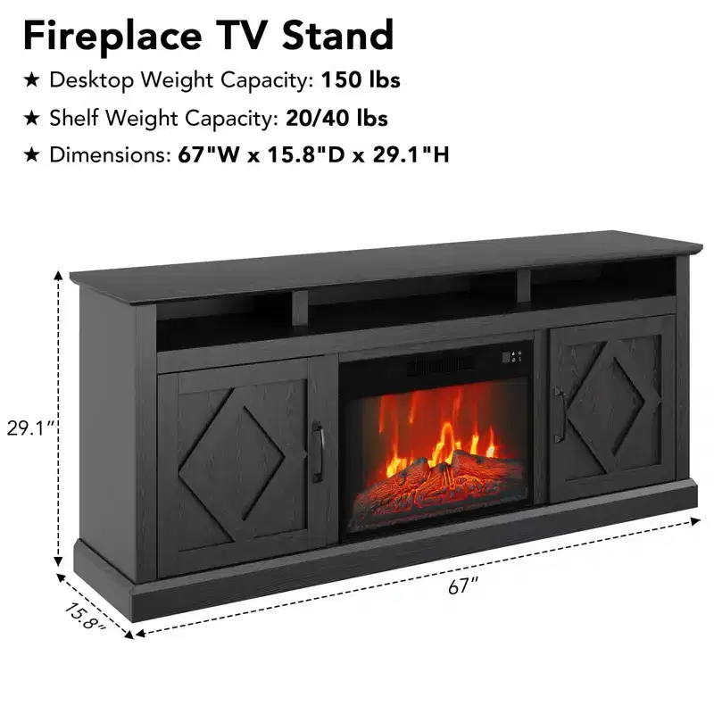 65 Fireplace TV Stand w/23 Glass Electric Fireplace for TVs Up to 80, Modern Fireplace Entertainment Center w/Open Storage Shelf for Living Room