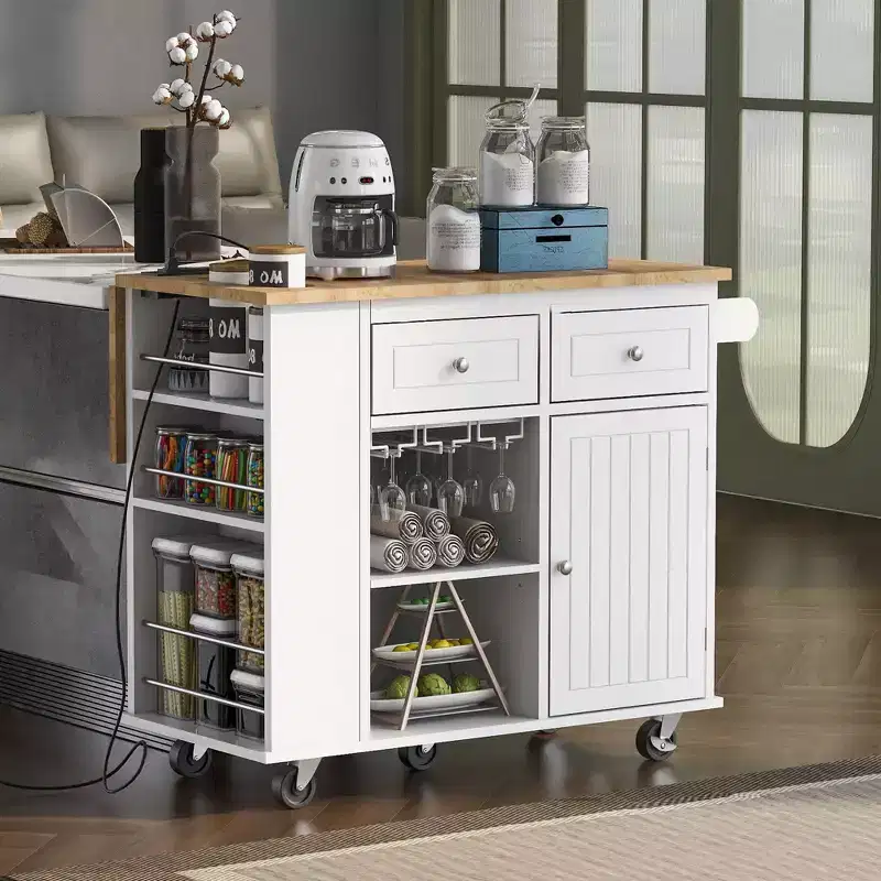 PexFix 39.8in. L x 33.7in. H Kitchen Island Kitchen Storage Island with Drop Leaf & Wine Rack & Adjustable Storage in White